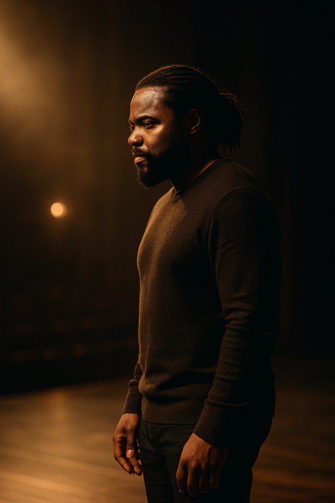 Malcolm-Jamal Warner standing alone on a dim stage with warm light, symbolizing purpose, longevity, and faith-driven impact.