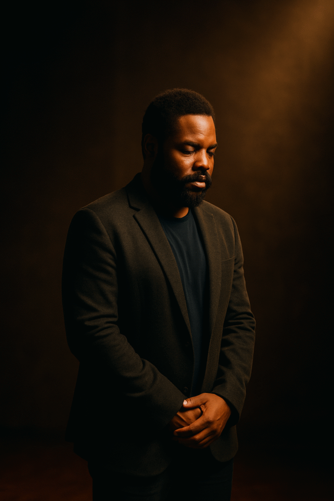 Malcolm-Jamal Warner stands alone under a spotlight with eyes closed, wearing a dark blazer—capturing a moment of faith, calling, and creative reflection.